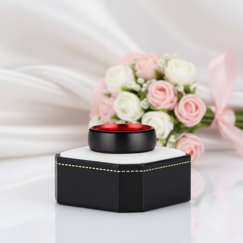 Black & Red Color Brushed Dome Tungsten Carbide Men's Wedding Band-Black Diamonds New York