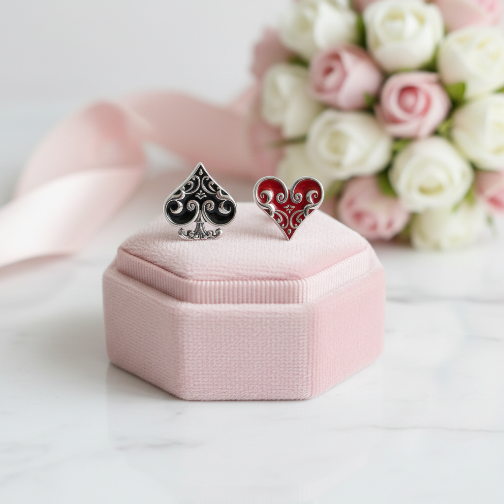 Two small earrings on a pink jewelry box with flowers in the background