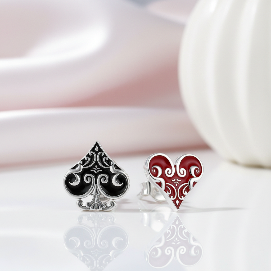 Black spade and red heart earrings on a reflective surface with a blurred background