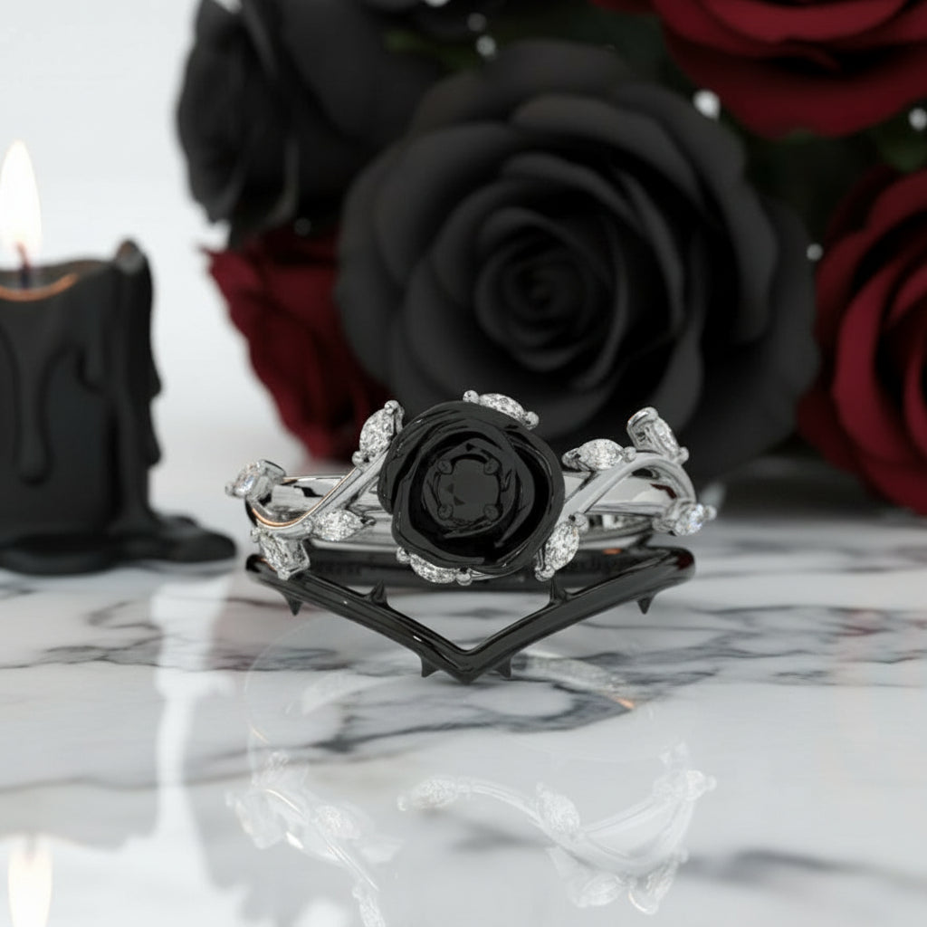 Black Rose- .50ct Round Cut Diamond 14K Gold Modern Goth Engagement Ring-Black Diamonds New York