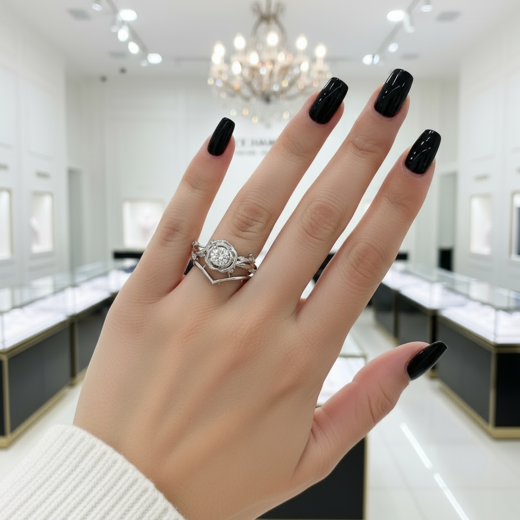 Black Rose- Round Cut Diamond 14K Gold Modern Goth