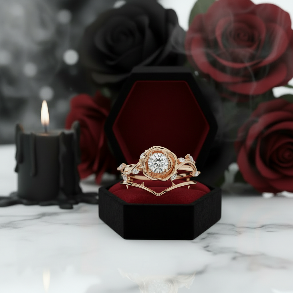 Black Rose- .50ct Round Cut Diamond 14k Gold Modern Goth Engagement Ring-Black Diamonds New York