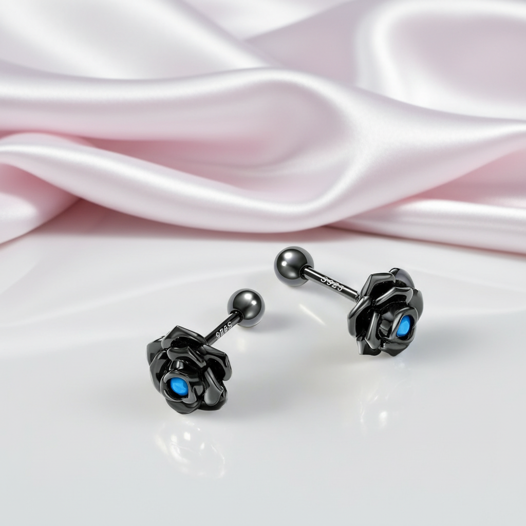 Black Rose Flower Stud Earrings-Black Diamonds New York