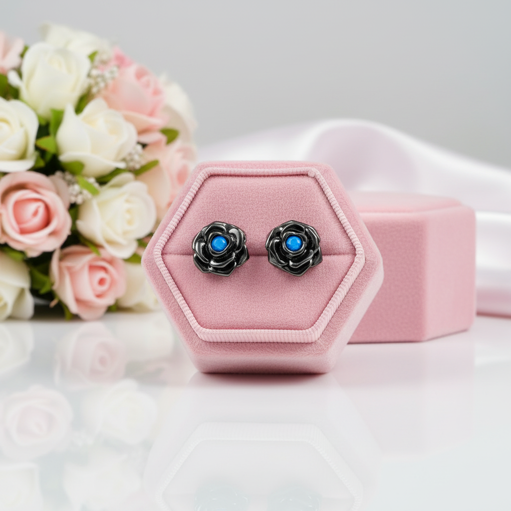 Rose gold earrings with blue gemstones in a pink velvet box with flowers in the background