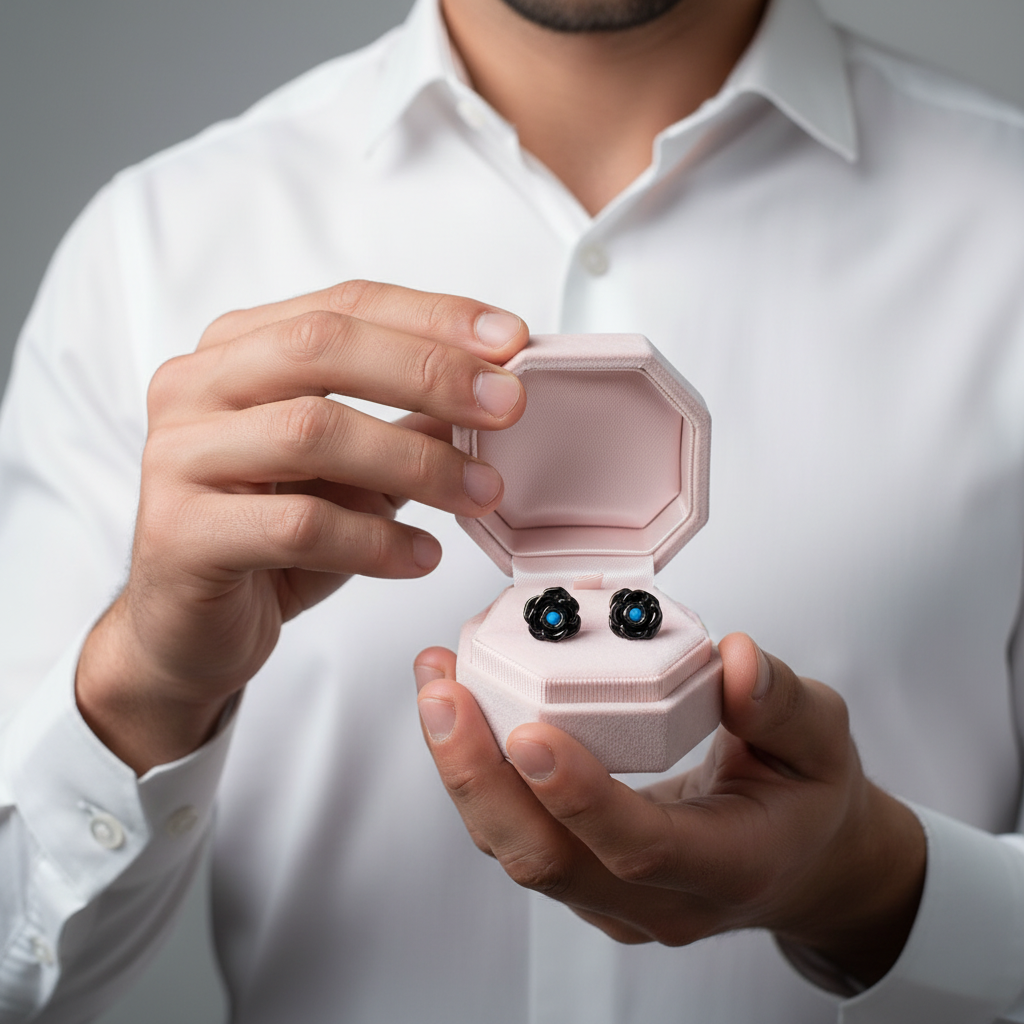 Black Rose Flower Stud Earrings-Black Diamonds New York