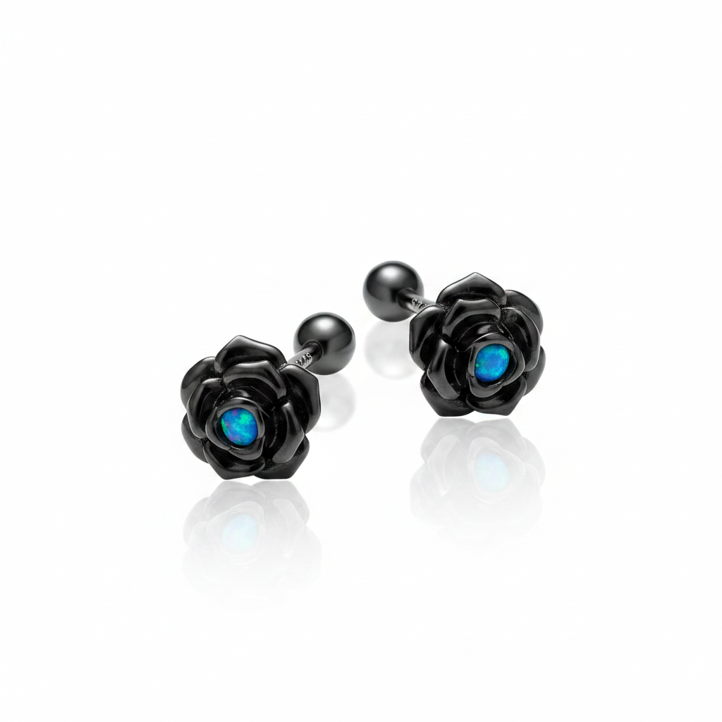 Black Rose Flower Stud Earrings-Black Diamonds New York