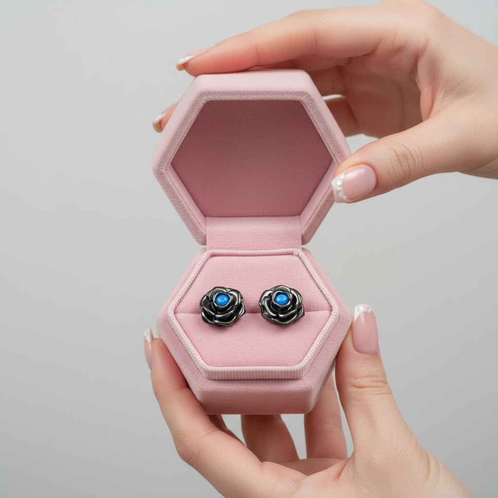 Black Rose Flower Stud Earrings-Black Diamonds New York