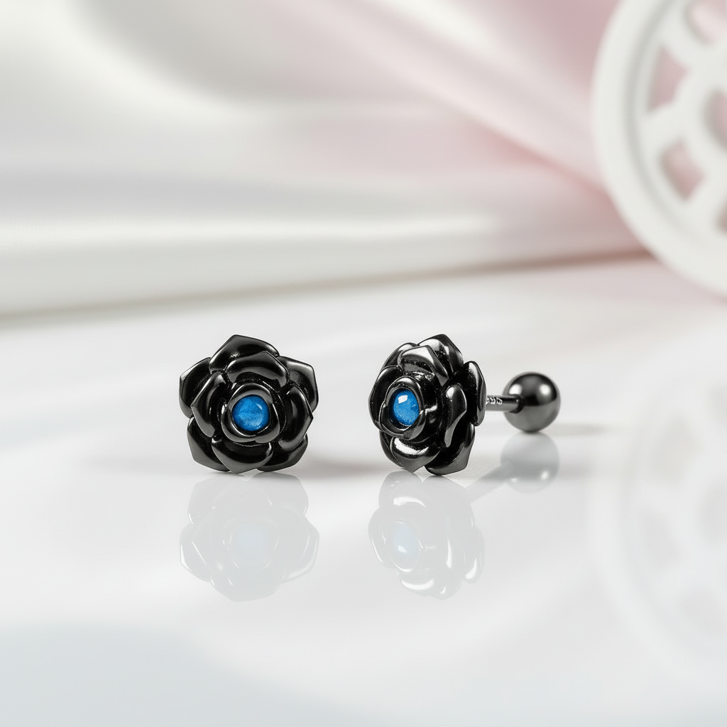 Black Rose Flower Stud Earrings-Black Diamonds New York