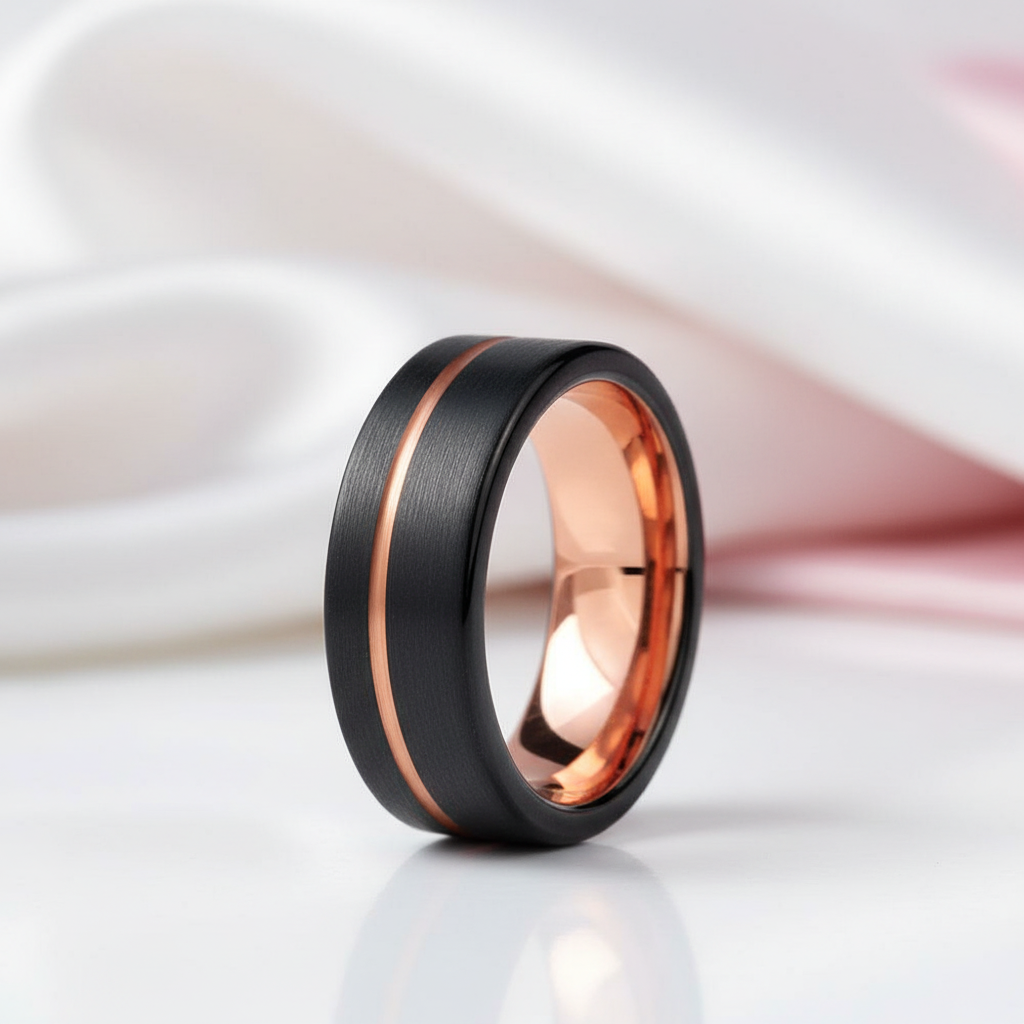 Black & Rose Gold Color Pipe Cut Brushed Polish Tungsten Wedding Band-Black Diamonds New York