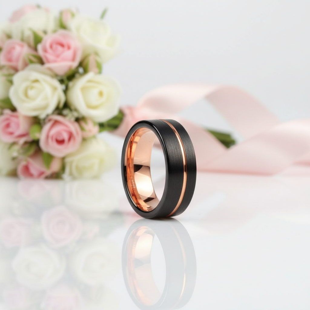 Black & Rose Gold Color Pipe Cut Brushed Polish Tungsten Wedding Band-Black Diamonds New York