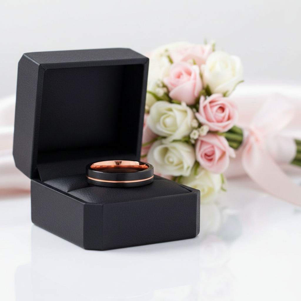 Black & Rose Gold Color Pipe Cut Brushed Polish Tungsten Wedding Band-Black Diamonds New York