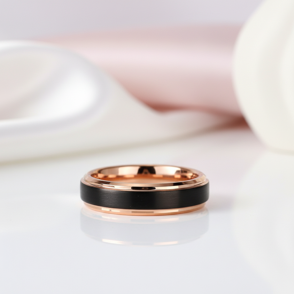 Black & Rose Gold Color Tungsten Carbide Couple Wedding Band-Black Diamonds New York