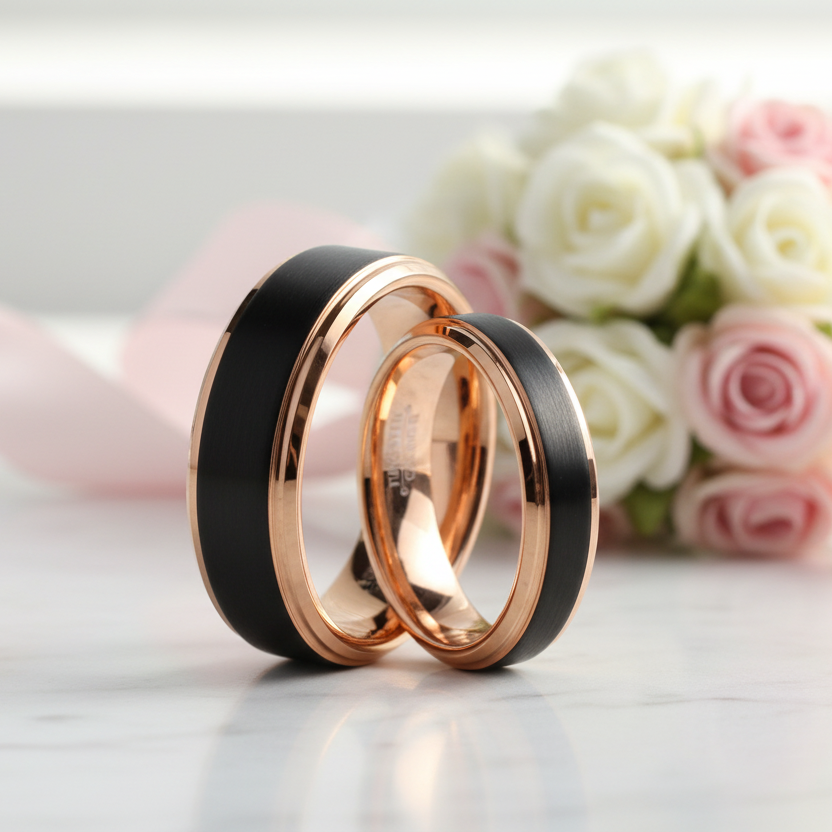 Black & Rose Gold Color Tungsten Carbide Couple Wedding Band-Black Diamonds New York