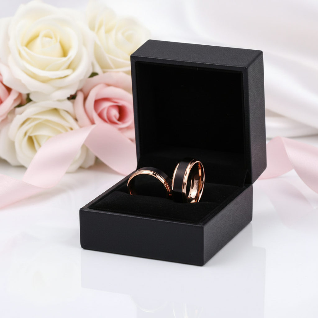 Black & Rose Gold Color Tungsten Carbide Couple Wedding Band-Black Diamonds New York