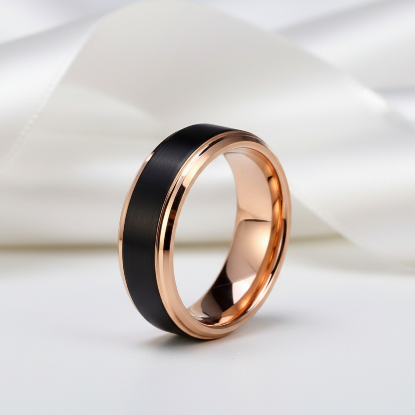 Black & Rose Gold Color Tungsten Carbide Couple Wedding Band-Black Diamonds New York