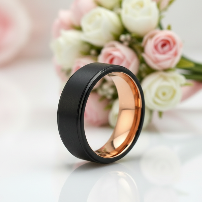 Black & Rose Gold Tungsten Brushed Center & Polished Step Edges Wedding Band-Black Diamonds New York