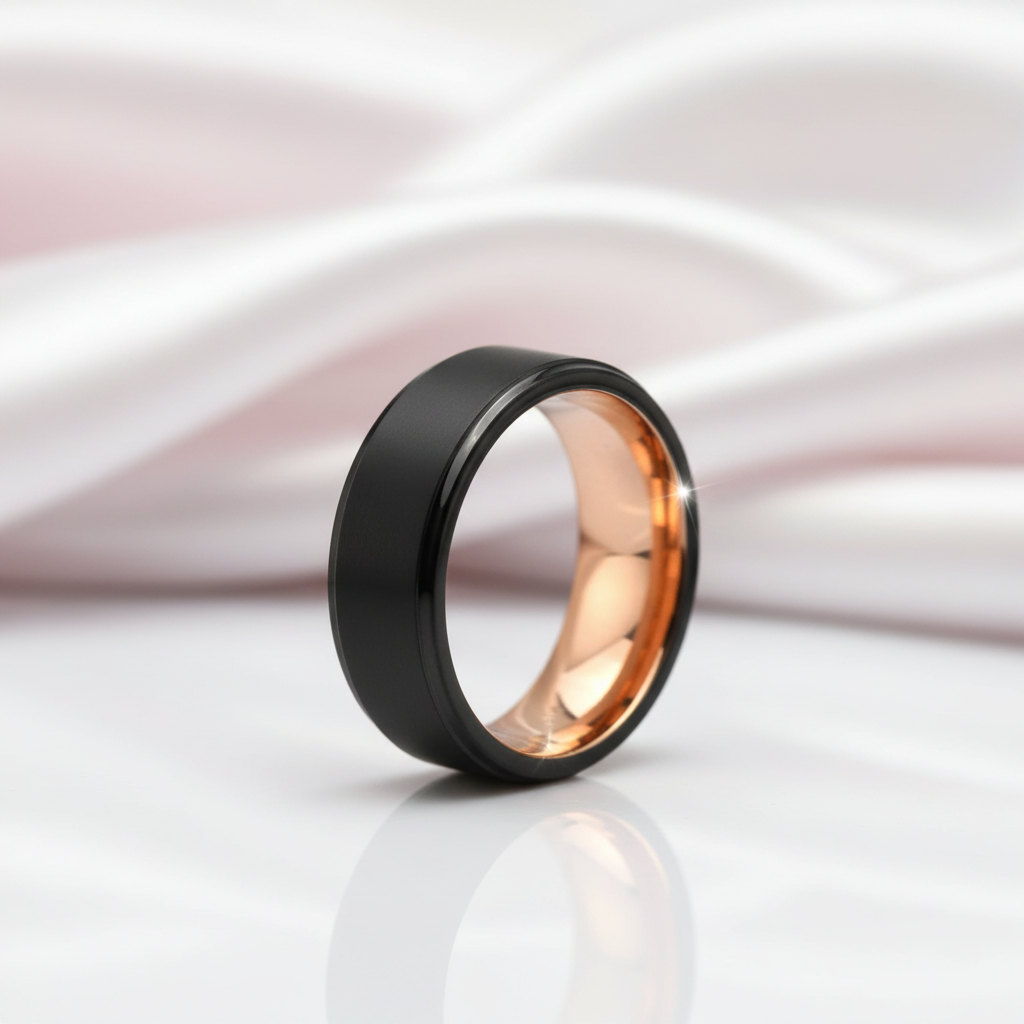 Black & Rose Gold Tungsten Brushed Center & Polished Step Edges Wedding Band-Black Diamonds New York