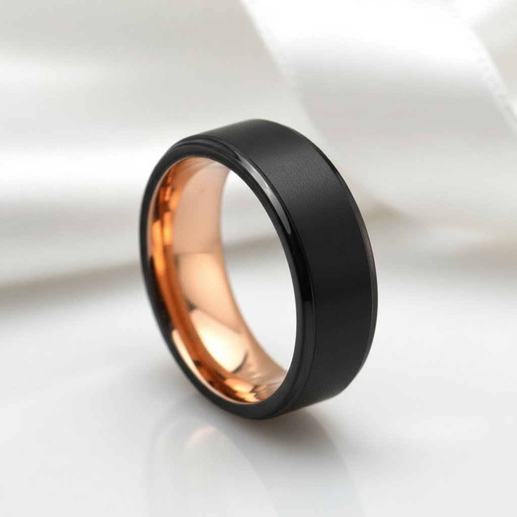 Black & Rose Gold Tungsten Brushed Center & Polished Step Edges Wedding Band-Black Diamonds New York