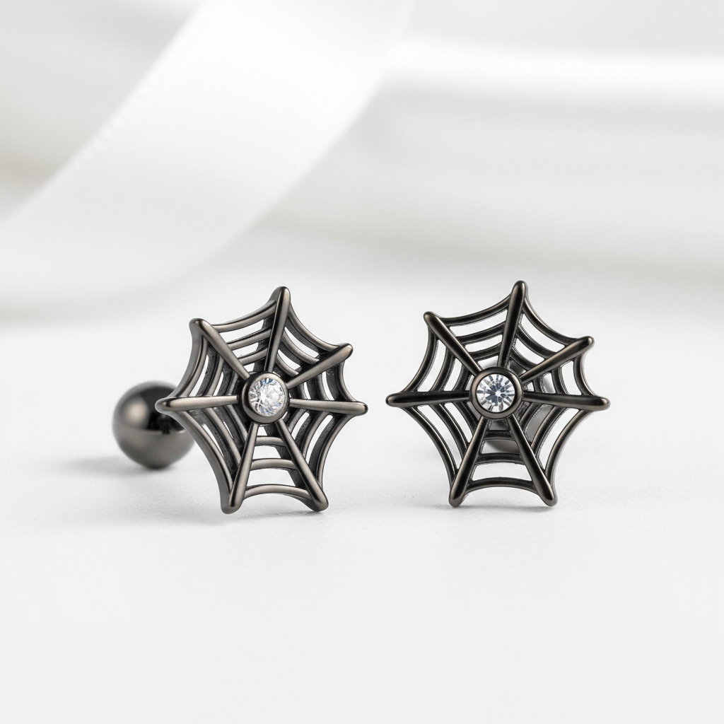 Black Spider Web Screw Stud Earrings-Black Diamonds New York