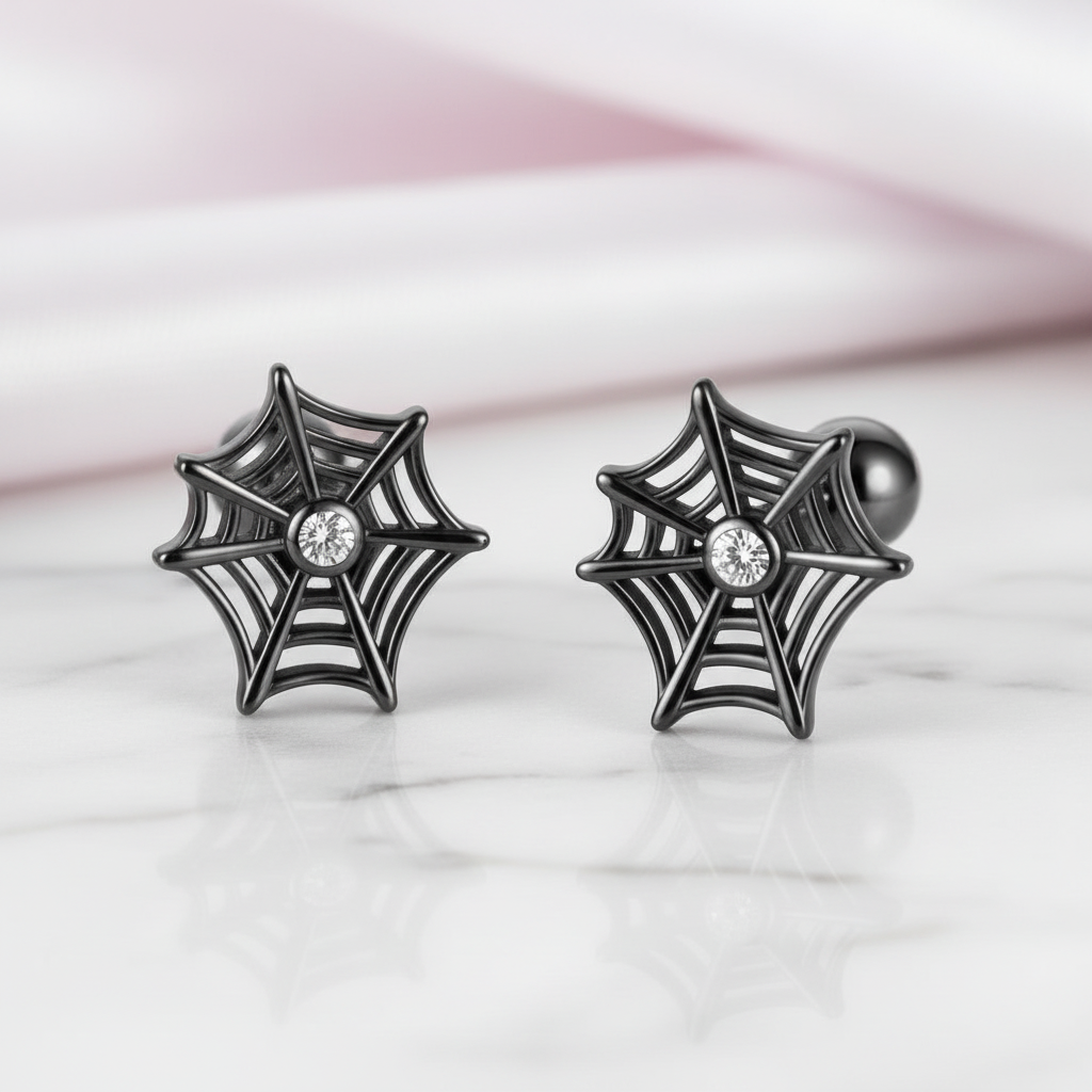 Black Spider Web Screw Stud Earrings-Black Diamonds New York