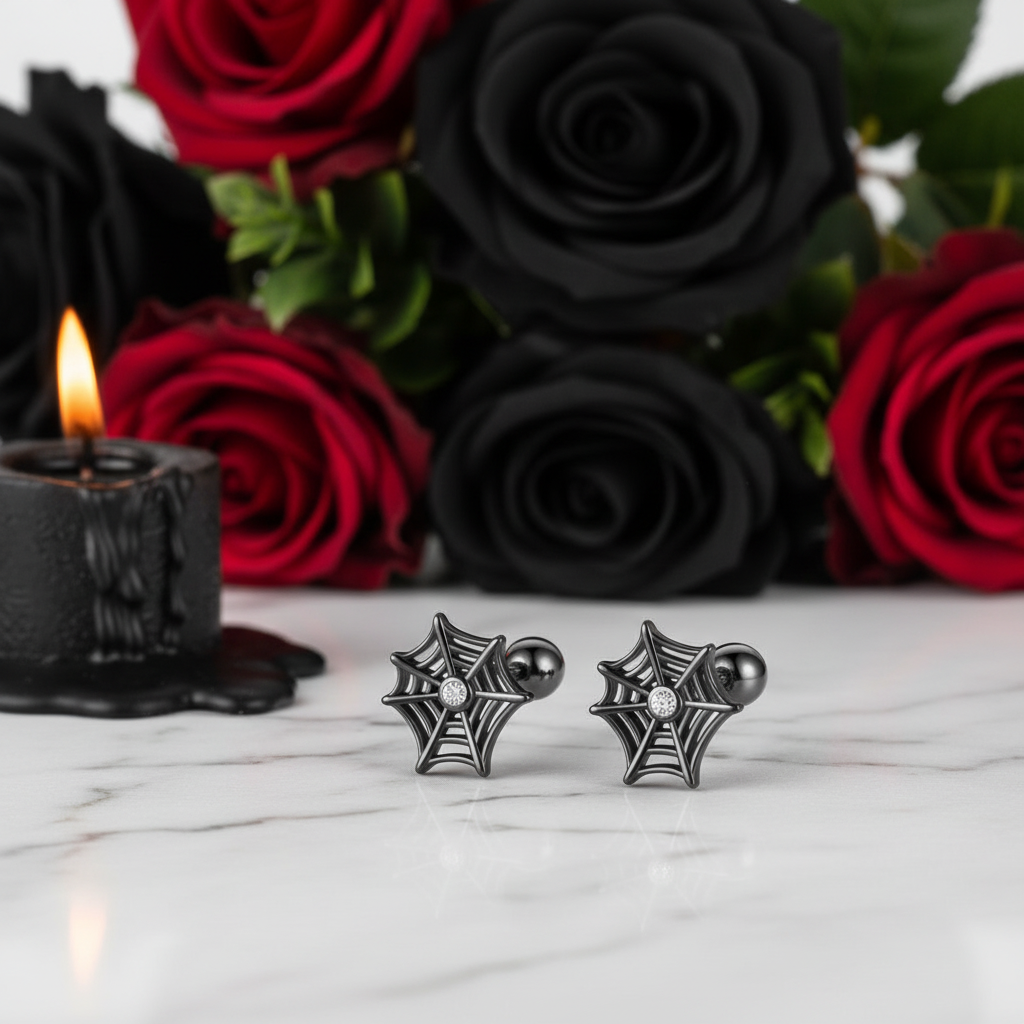 Black Spider Web Screw Stud Earrings-Black Diamonds New York