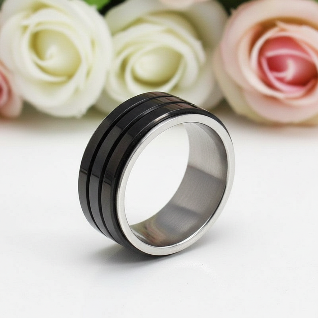 Black Stainless Steel Men Ring Band Rotatable Design-Black Diamonds New York