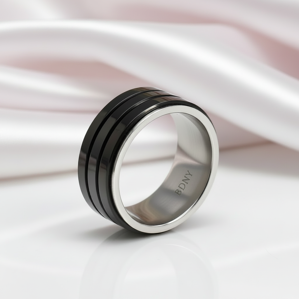 Black Stainless Steel Men Ring Band Rotatable Design-Black Diamonds New York