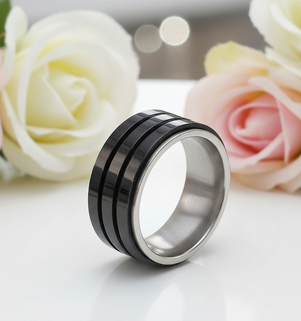 Black Stainless Steel Men Ring Band Rotatable Design-Black Diamonds New York