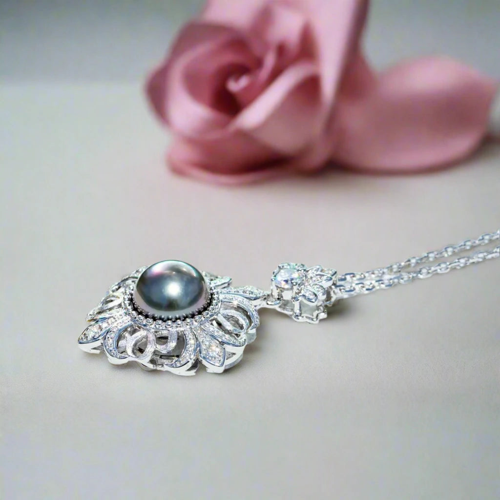 Black Tahitian Seawater Pearl Necklace with Diamond-Black Diamonds New York