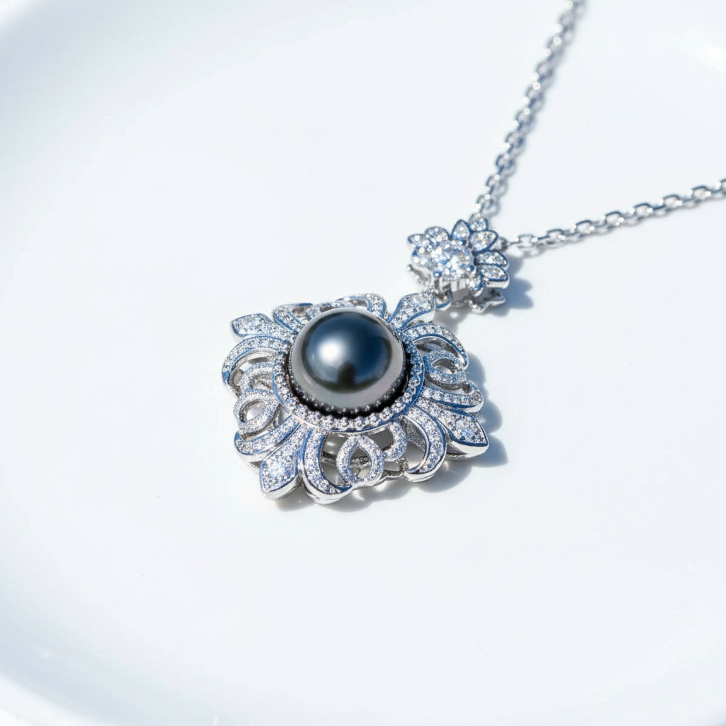 Black Tahitian Seawater Pearl Necklace with Diamond Option-Black Diamonds New York