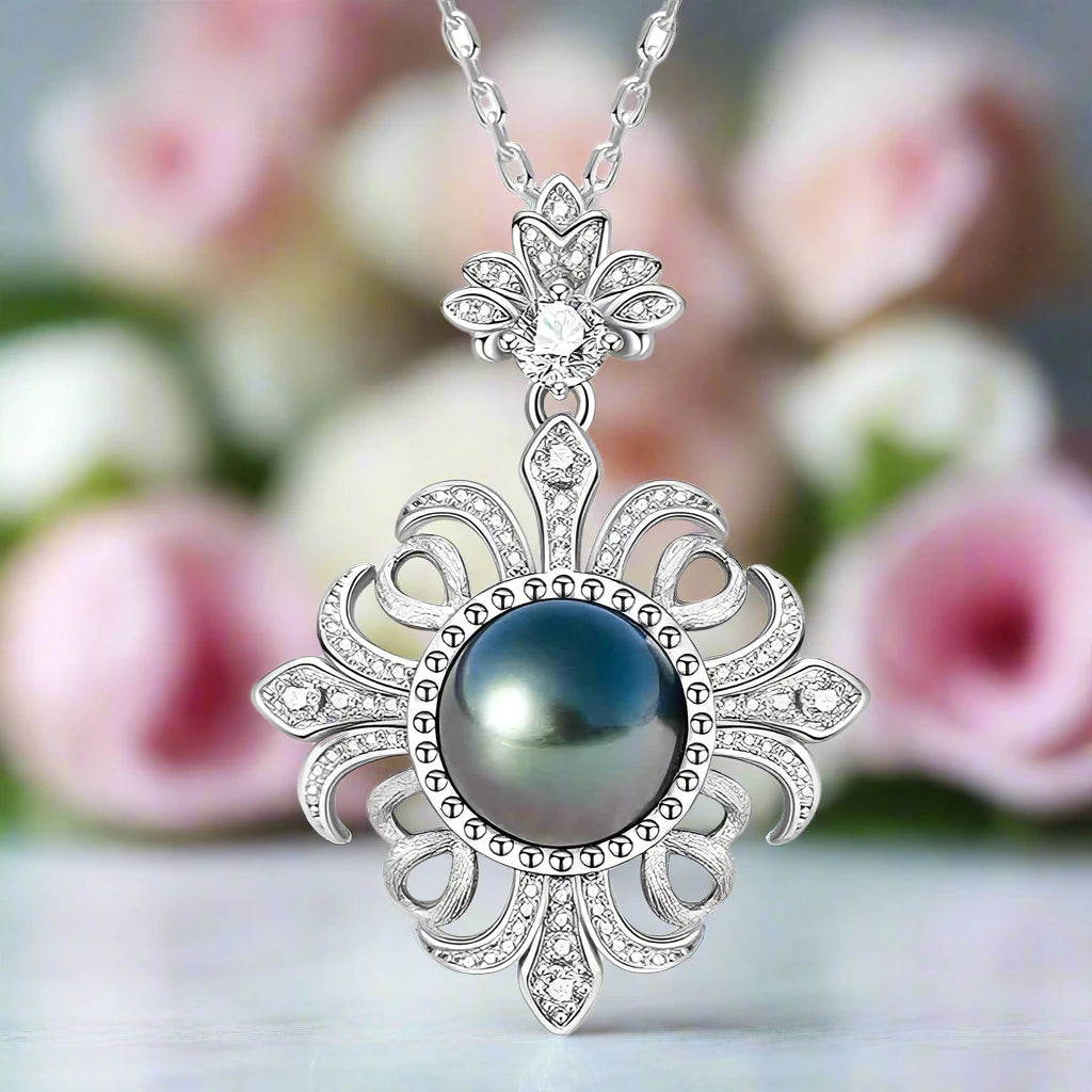 Black Tahitian Seawater Pearl Necklace with Diamond-Black Diamonds New York