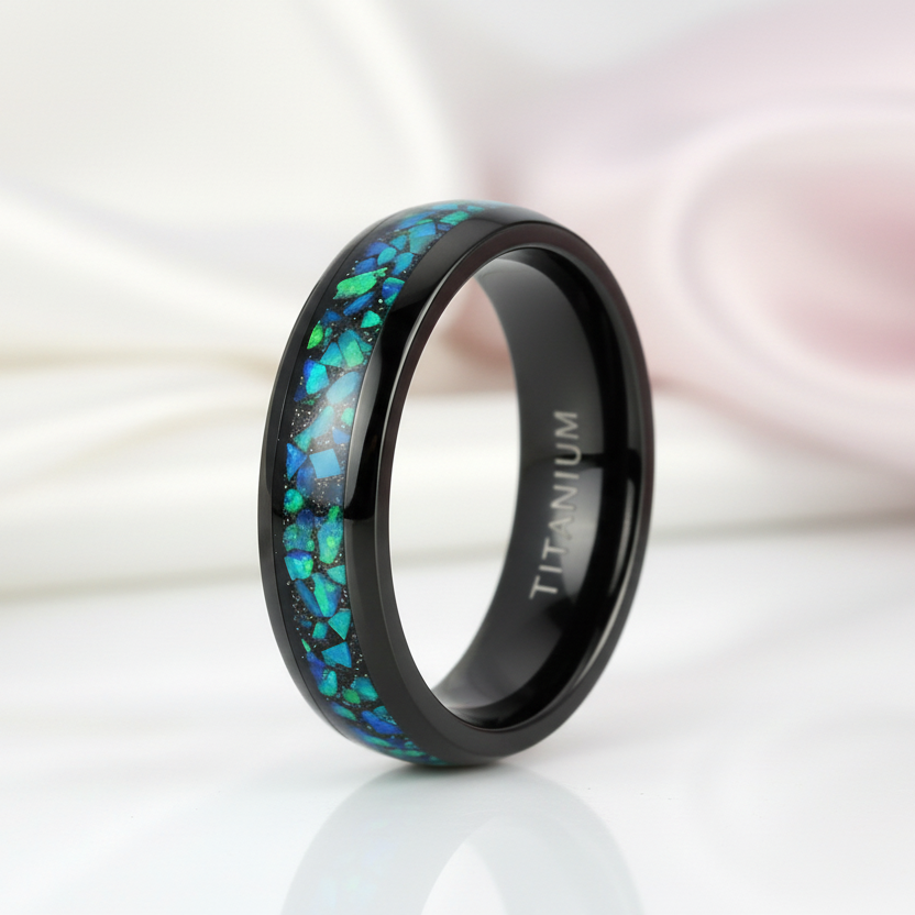 Black Titanium Men's Wedding Band with Opal Inlay-Black Diamonds New York