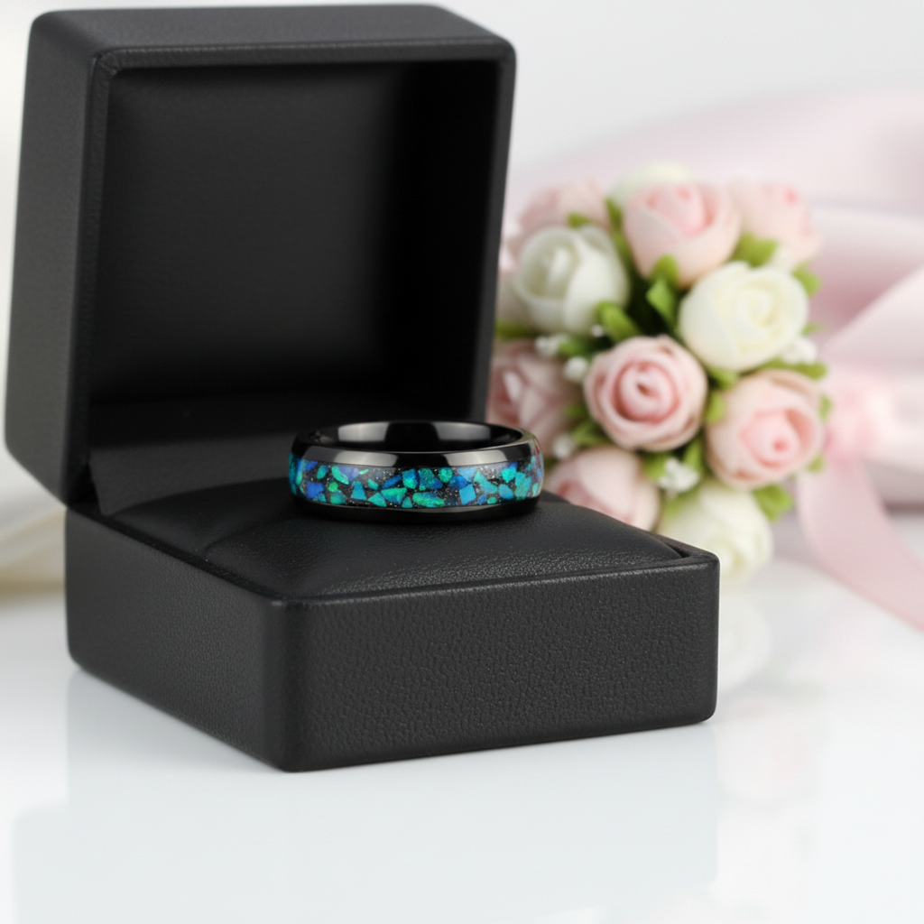 Black Titanium Men's Wedding Band with Opal Inlay-Black Diamonds New York