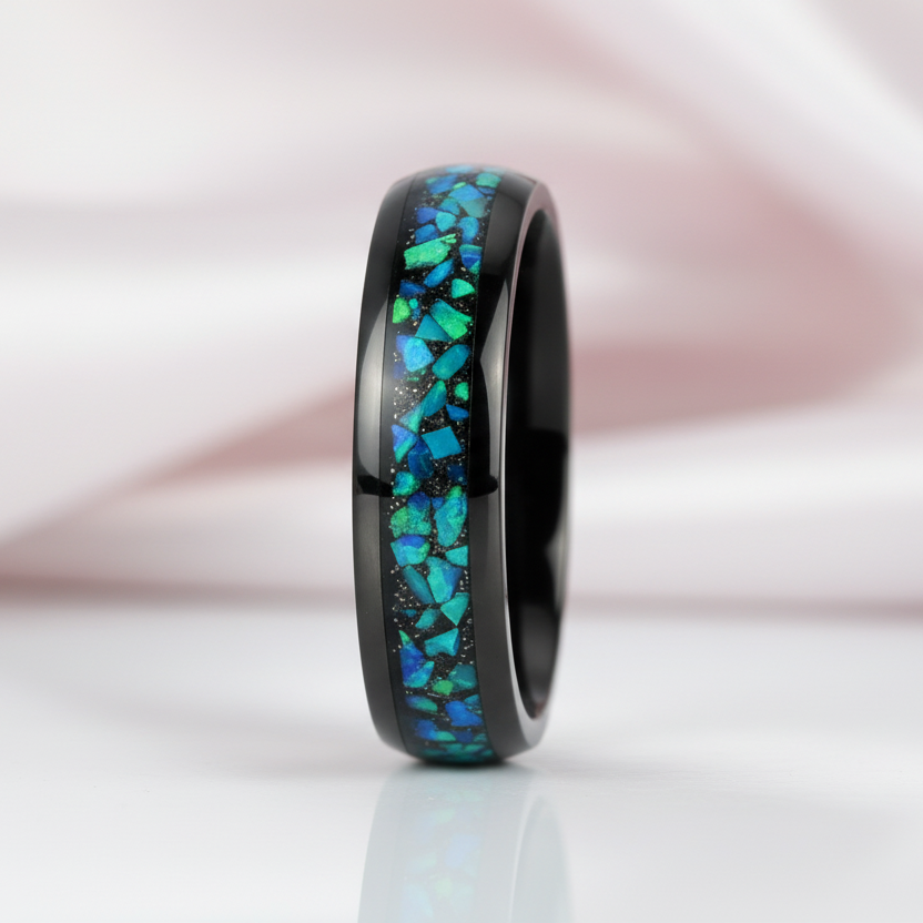 Black Titanium Men's Wedding Band with Opal Inlay-Black Diamonds New York