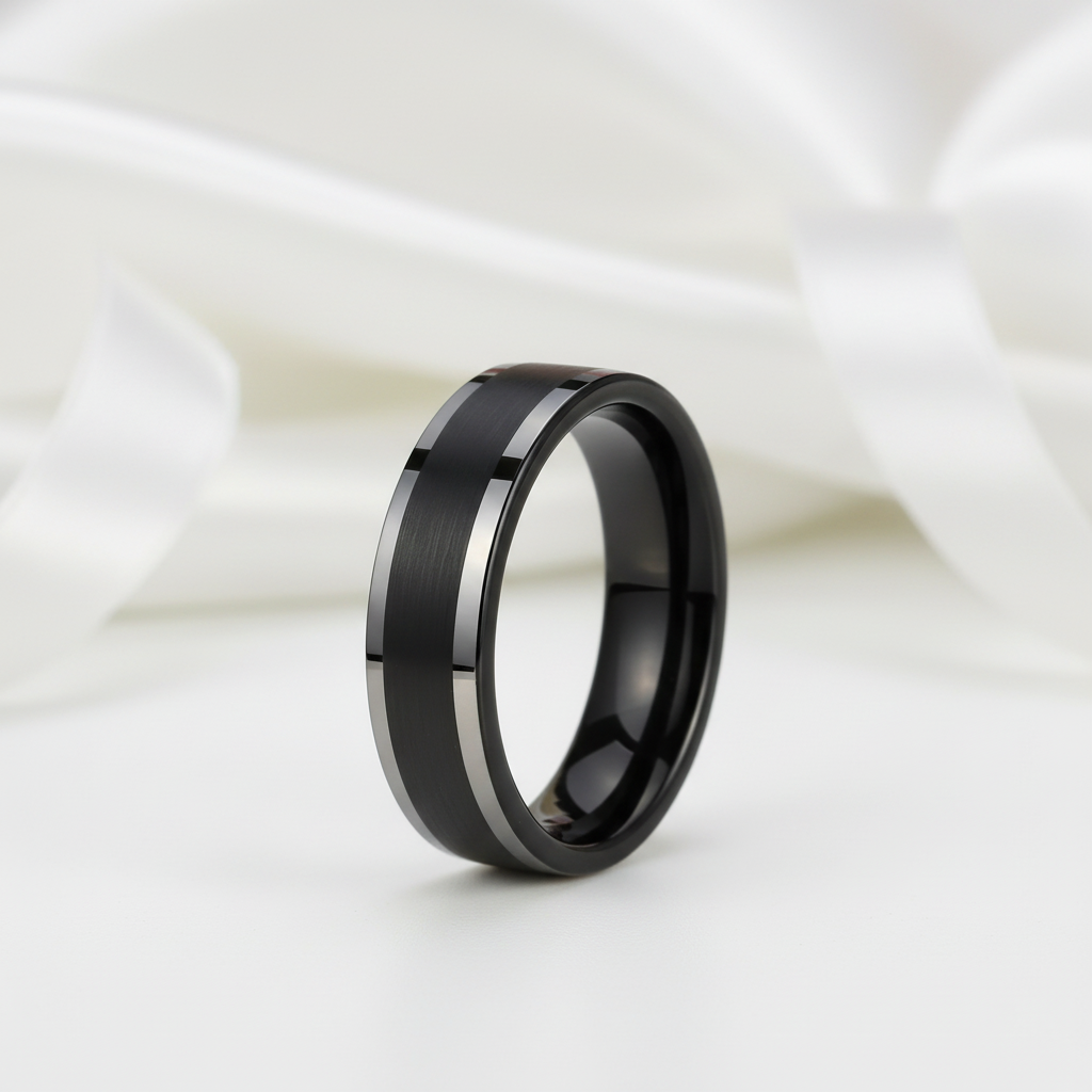 Black ring with a brushed finish on a white fabric background