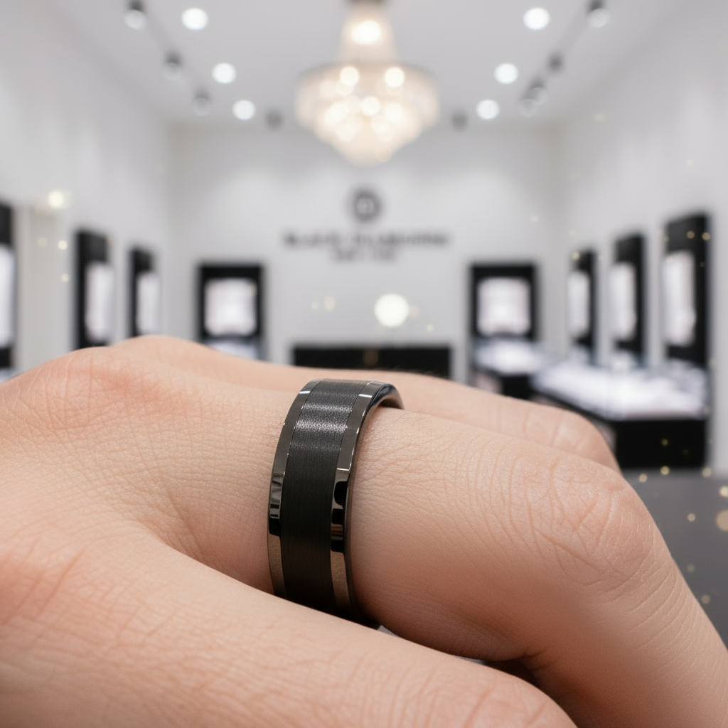 Black Tungsten Carbide Men's Wedding Band-Black Diamonds New York