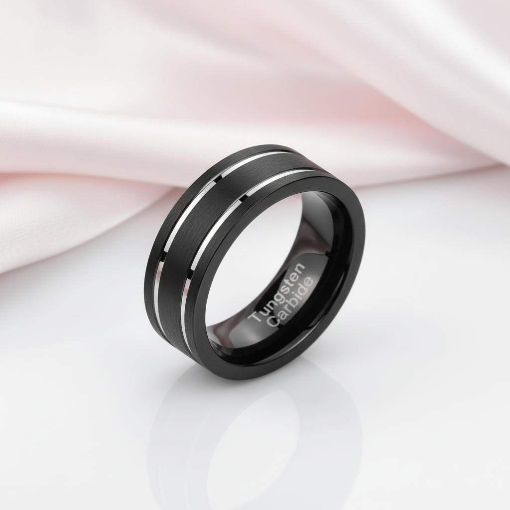Black Tungsten Carbide Silver Line Matte Brushed Ring-Black Diamonds New York