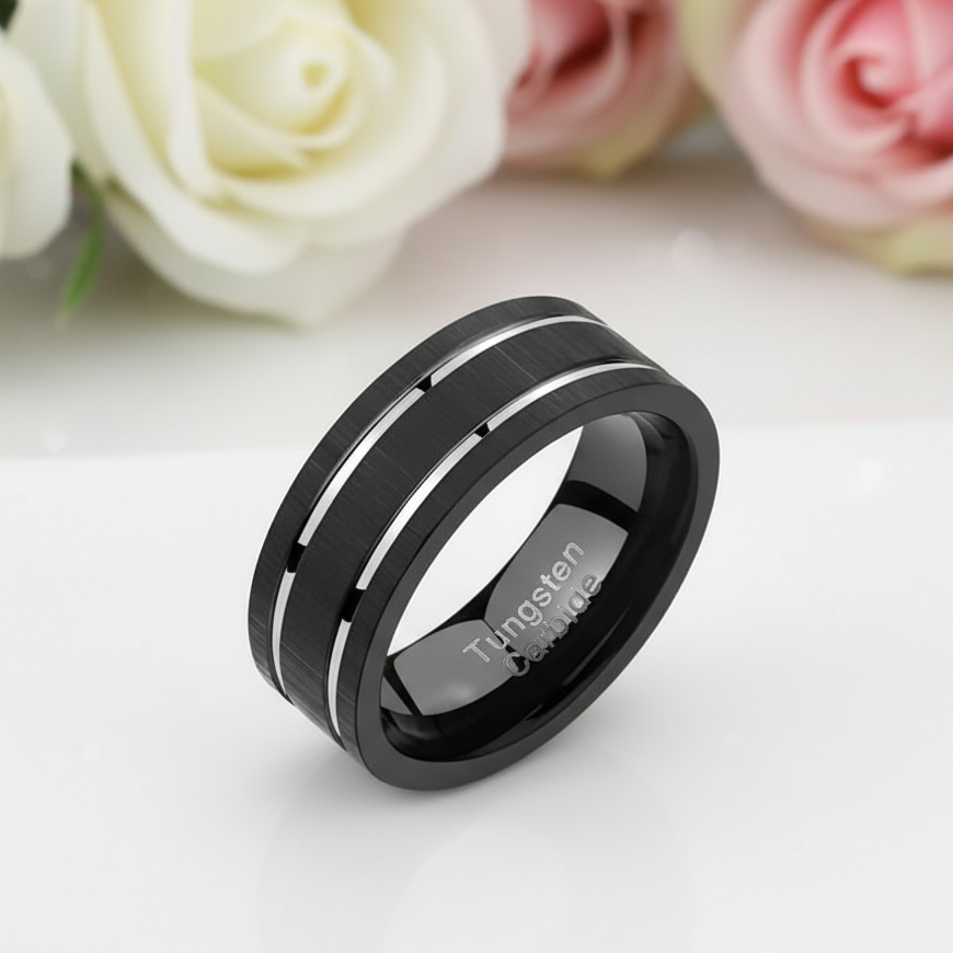 Black Tungsten Carbide Silver Line Matte Brushed Ring-Black Diamonds New York