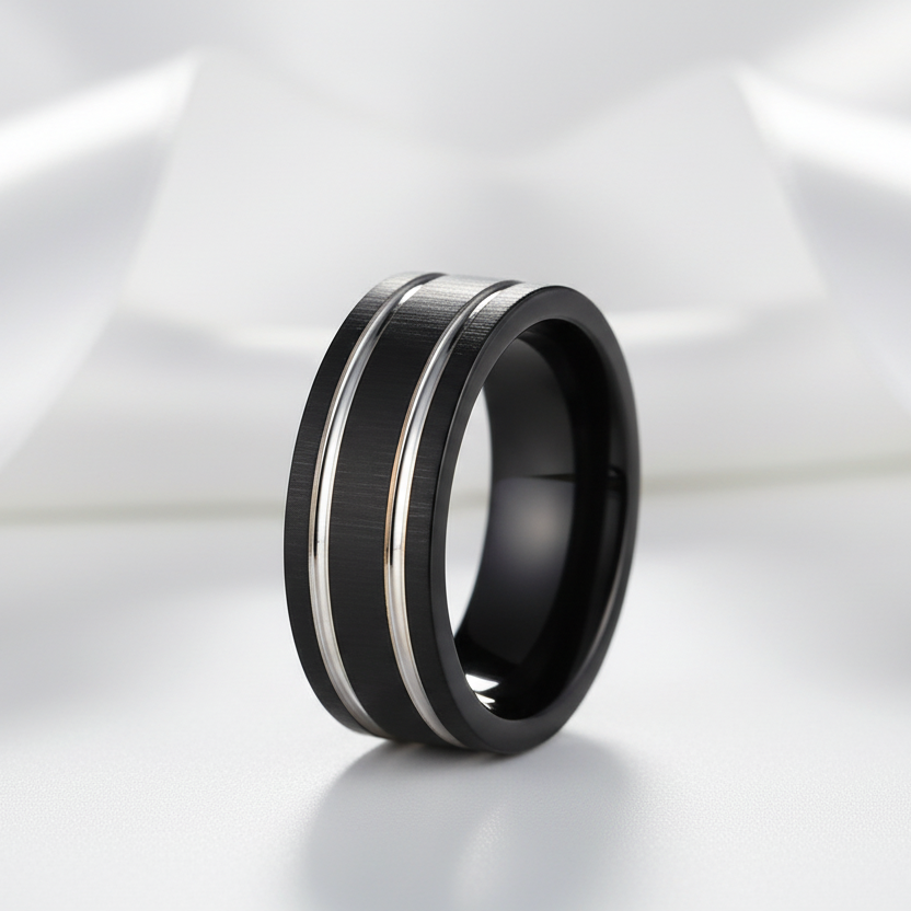 Black Tungsten Carbide Silver Line Matte Brushed Ring-Black Diamonds New York