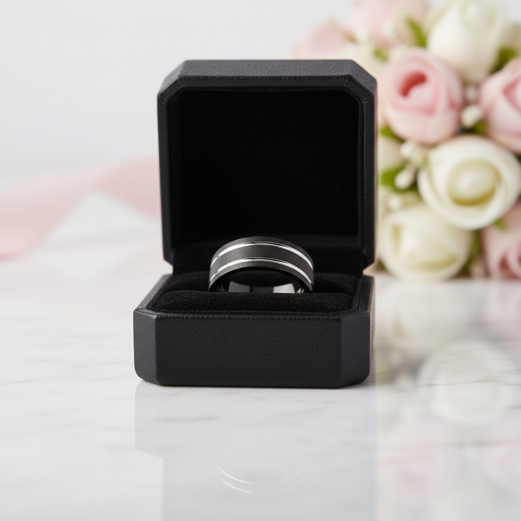 Black Tungsten Carbide Silver Line Matte Brushed Ring-Black Diamonds New York