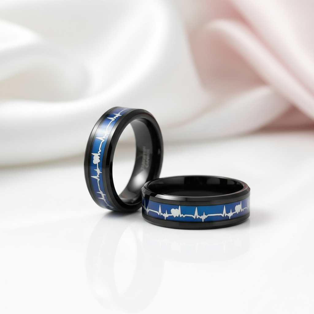 Black Tungsten Carbide Wedding Band with Heartbeat Inlay-Black Diamonds New York