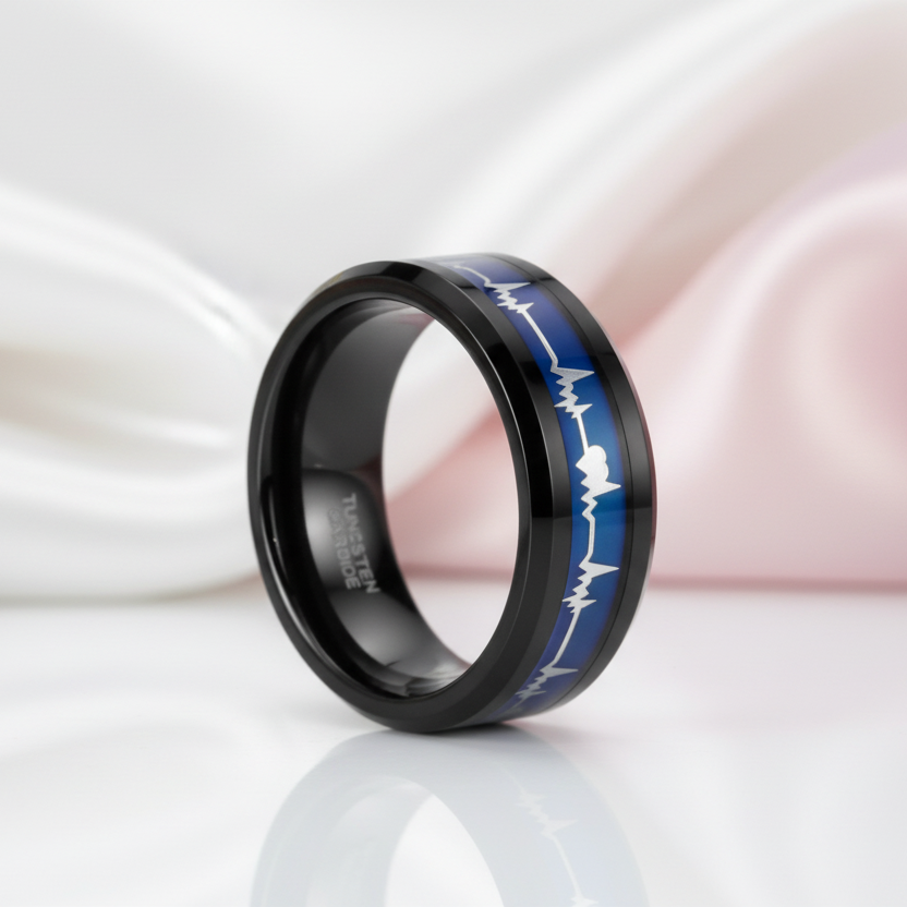 Black Tungsten Carbide Wedding Band with Heartbeat Inlay-Black Diamonds New York