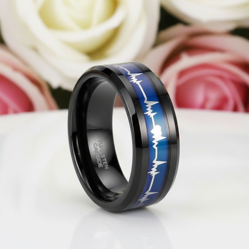 Black Tungsten Carbide Wedding Band with Heartbeat Inlay-Black Diamonds New York