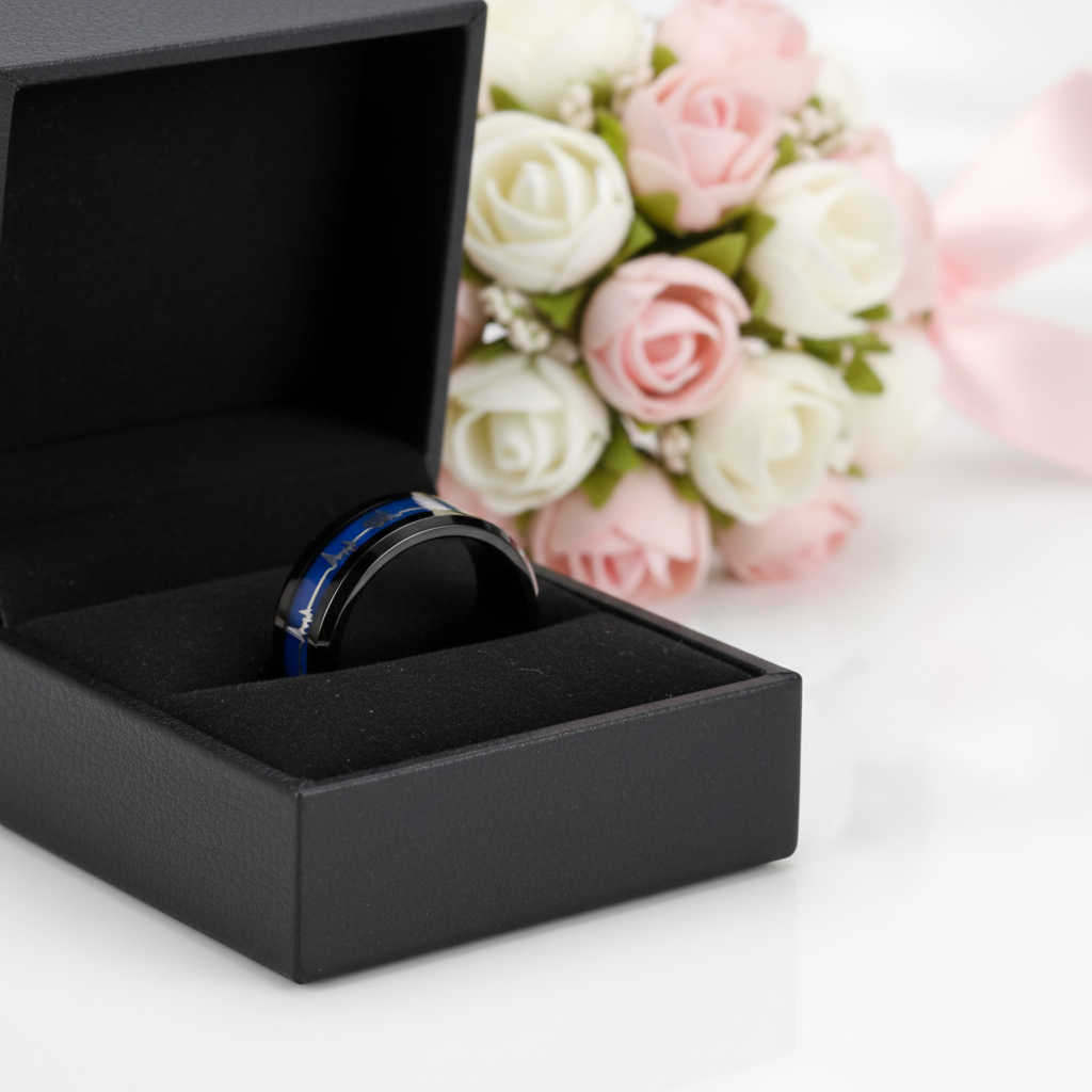 Black Tungsten Carbide Wedding Band with Heartbeat Inlay-Black Diamonds New York