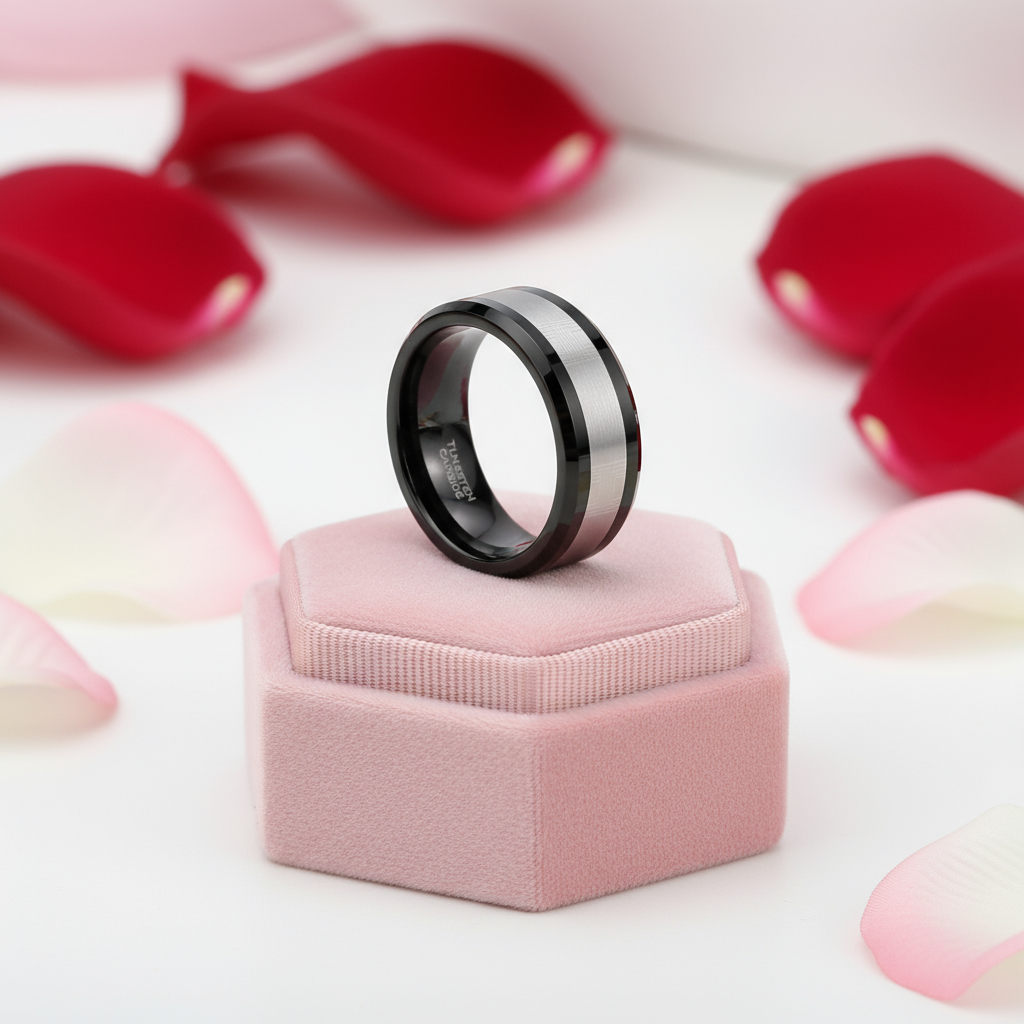 Black Tungsten Carbide Wedding Band with Heartbeat Inlay-Black Diamonds New York