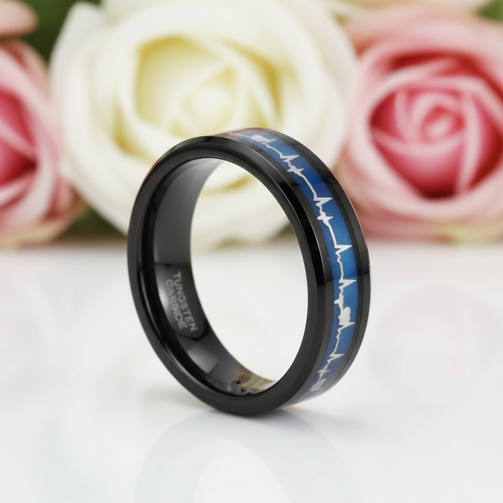 Black Tungsten Carbide Wedding Band with Heartbeat Inlay-Black Diamonds New York