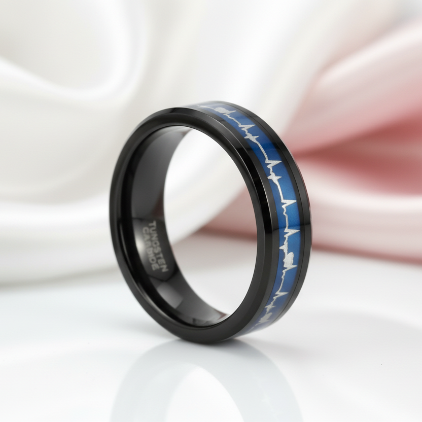 Black Tungsten Carbide Wedding Band with Heartbeat Inlay-Black Diamonds New York