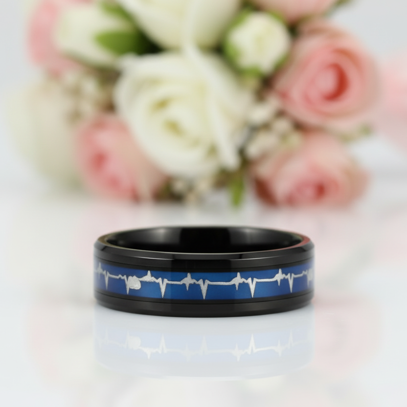 Black Tungsten Carbide Wedding Band with Heartbeat Inlay-Black Diamonds New York