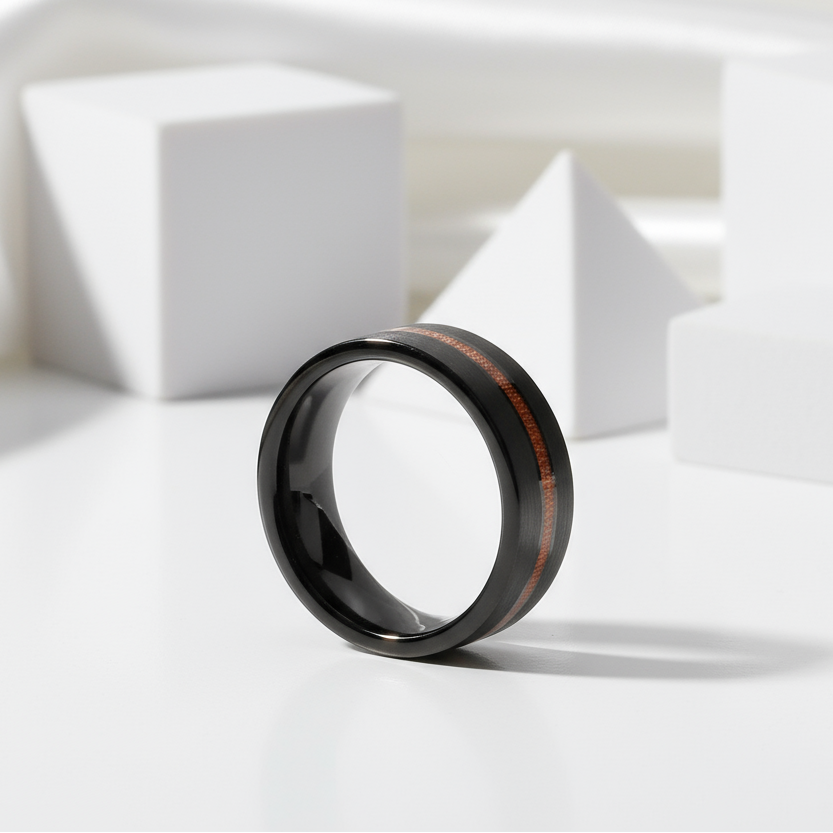 Black Tungsten Carbide Wedding Band with Nature Wood Inlay-Black Diamonds New York