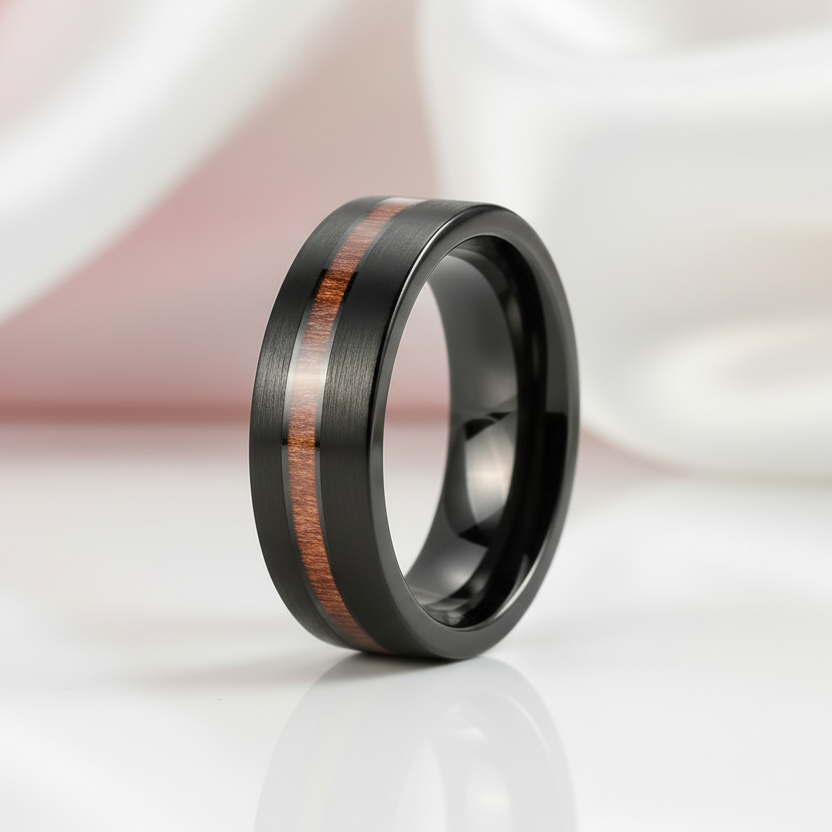 Black ring with wooden inlay on a white background